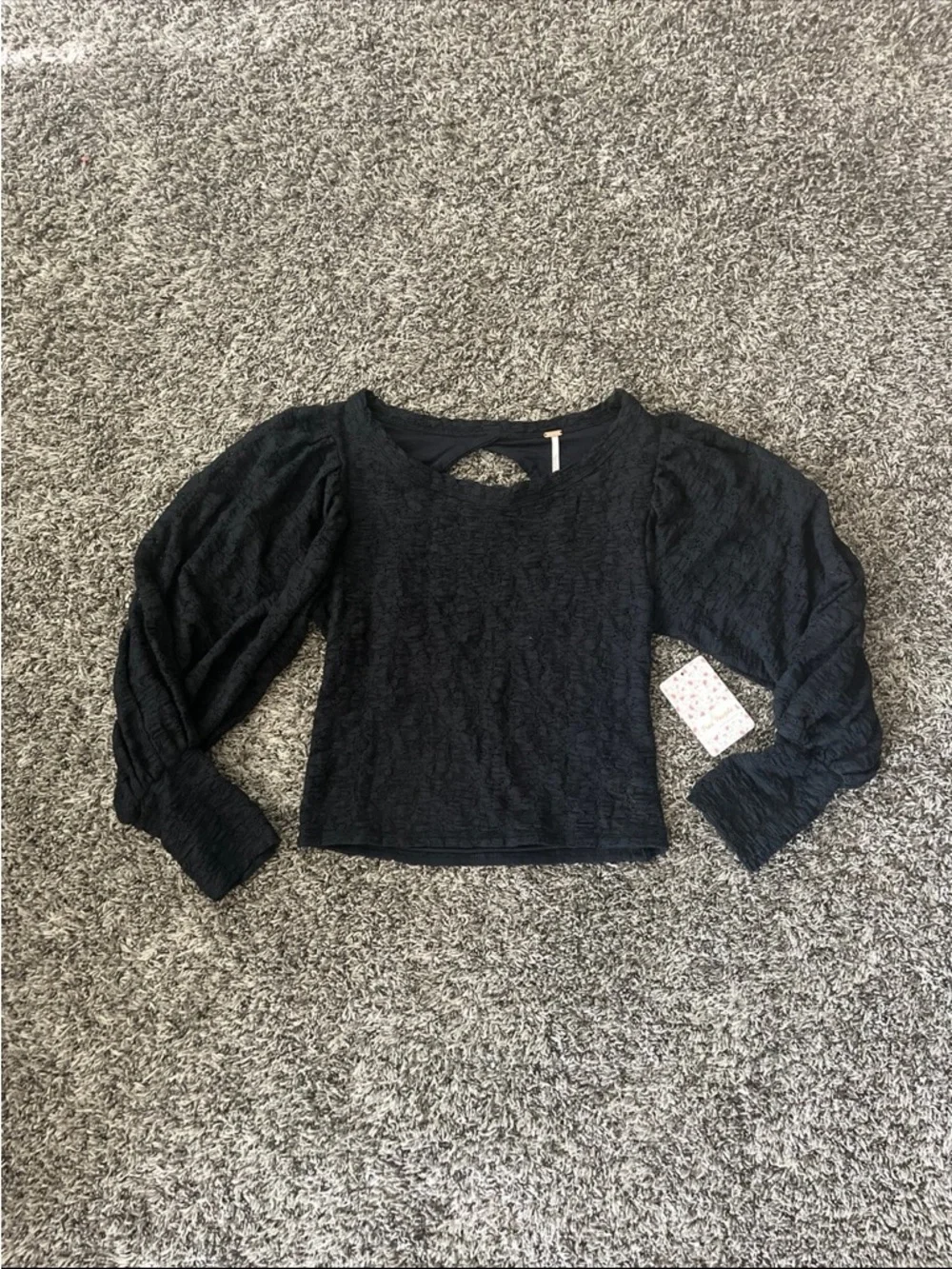 Free People Tea Time Lace Open Back Puff Sleeve Top Black Small Women’s NWT